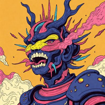 The primary subject of the image is a person with a blue and pink face, wearing a helmet and a red and blue suit. The setting is a yellow background, which adds a vibrant and lively atmosphere to the scene. The visual style is a combination of digital art and illustration, creating a unique and eye-catching image. The colors and mood convey a sense of energy and creativity, with the blue and pink face standing out against the yellow background.